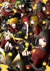 07th_expansion 6+girls ;q absurdres asmodeus_(umineko) beelzebub_(umineko) belphegor_(umineko) black_hair black_legwear blonde_hair blue_eyes boots chair crossed_arms garter_straps green_hair grin hair_ornament high_heels highres leviathan_(umineko) long_hair looking_at_viewer lucifer_(umineko) mammon_(umineko) multiple_girls necktie no_naku_koro_ni_(series) one_eye_closed open_mouth red_eyes red_hair ribbon satan_(umineko) side_ponytail sitting skirt smile stakes_of_purgatory teeth thighhighs tongue tongue_out twintails umineko_no_naku_koro_ni ushiromiya_ange vice_(kuronekohadokoheiku)