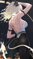 1girl absurdres arm_strap ass bare_back black_gloves black_horns black_pants black_tail blonde_hair breasts commentary_request cowboy_shot curled_horns demon_tail fire flame-tipped_tail gloves half_gloves hand_up highres horns hwan_(verypoor) large_breasts long_hair median_furrow pants red_eyes shirt solo tacet_mark_(wuthering_waves) tail toned toned_female white_shirt wuthering_waves zani_(wuthering_waves)