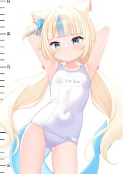1girl absurdres adda animal_ears arms_up blonde_hair blue_eyes blue_streaks breasts cat_ears commentary covered_navel fins fish_tail highres indie_virtual_youtuber one-piece_swimsuit sameko_saba small_breasts solo swimsuit tail twintails virtual_youtuber white_one-piece_swimsuit