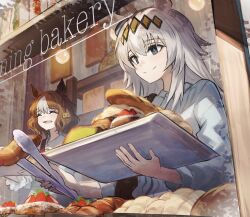 2girls absurdres ahoge animal_ears bakery belno_light_(umamusume) blue_eyes bow brown_hair closed_eyes closed_mouth commentary ear_ribbon food grey_hair hair_ornament highres holding holding_tongs holding_tray horse_girl long_hair medium_hair multicolored_hair multiple_girls oguri_cap_(umamusume) open_mouth red_ribbon ribbon shop siena_(moratoriummaga) smile streaked_hair tongs tray umamusume umamusume:_cinderella_gray white_hair