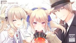 Rule 34 | 1boy, 2girls, animal ears, armor, ayamisiro, ball, black coat, black necktie, blonde hair, bow, brown hair, cat ears, cat girl, coat, collared shirt, copyright name, earrings, elezen, elf, facial mark, final fantasy, final fantasy xiv, green eyes, hair bow, highres, holding, holding ball, jacket, jewelry, looking at viewer, maid headdress, miqo&#039;te, multiple girls, necktie, one eye closed, pauldrons, pointy ears, ponytail, portrait, red eyes, shirt, shoulder armor, single bare shoulder, single pauldron, smile, v, warrior of light (ff14), whisker markings, white jacket, white shirt, yellow eyes