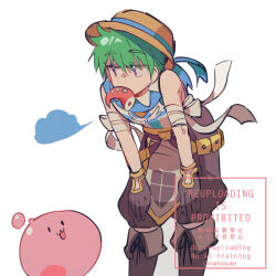 1boy :3 blue_shirt boots brown_boots brown_gloves brown_hat brown_shorts commentary_request cross cross_print feet_out_of_frame gloves green_hair hands_on_own_knees hat leaning_forward male_focus namosuke_(oetwmkekmz) poring purple_eyes ragnarok_online shirt short_hair shorts simple_background sleeveless sleeveless_shirt slime_(creature) solo super_novice_(ragnarok_online) tentacle_in_mouth two-tone_shirt watermark white_background white_shirt