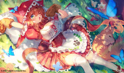 1girl animal animal_ears animal_hands animal_hood apron arm_up blue_butterfly blush braid breasts brown_gloves brown_hair bug butterfly cleavage closed_eyes commentary_request fake_animal_ears flower frilled_apron frills gloves grass green_eyes hair_between_eyes hood hood_up insect large_breasts long_hair lying mebaru nijisanji one_eye_closed open_mouth paw_gloves plaid_clothes plaid_skirt puffy_short_sleeves puffy_sleeves red_skirt shirt short_sleeves skirt solo underbust virtual_youtuber waist_apron warabeda_meiji white_apron white_flower wolf yawning