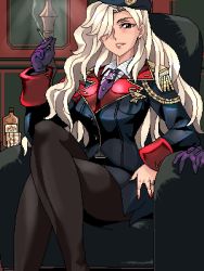 1girl aiguillette blonde_hair cigarette female_focus lipstick long_hair lowres makeup military military_uniform original pantyhose punpun red_eyes sitting smoking solo