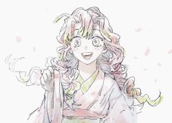 Rule 34 | 1girl, :d, blush, braid, commentary request, green hair, hand up, happy, japanese clothes, kanroji mitsuri, kimetsu no yaiba, kimono, long hair, looking at viewer, mole, mole under each eye, mole under eye, multicolored hair, multiple moles, open mouth, petals, pink eyes, pink hair, pink kimono, simple background, smile, solo, straight-on, tata iine suru, tearing up, teeth, twin braids, two-tone hair, upper body, white background