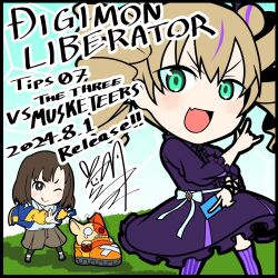 2girls digimon digimon_(creature) digimon_liberator fang highres kinosaki_arisa multiple_girls one_eye_closed shoemon smile tongue tongue_out violet_inboots wink
