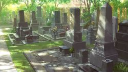commentary dao_dao dappled_sunlight day fence flower grass grave graveyard no_humans outdoors path plant potted_plant road sunlight tombstone tree