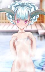 1girl absurdres aqua_hair bare_shoulders braid braided_bun breasts collarbone curled_horns double_bun fate/grand_order fate_(series) hair_bun highres horns larva_tiamat_(fate) larva_tiamat_(first_ascension)_(fate) long_hair long_horns looking_at_viewer onsen pink_eyes pointy_ears small_breasts steam suntakuchan symbol-shaped_pupils tiamat_(fate) towel wet