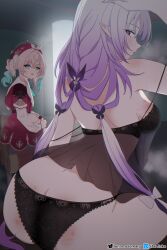 2girls absurdres aqua_eyes artist_name ass babydoll back black_babydoll black_bra black_panties bra breasts butt_crack castorice_(honkai:_star_rail) commentary dress english_commentary from_behind highres honkai:_star_rail honkai_(series) hyacine_(honkai:_star_rail) indoors looking_at_viewer medium_breasts medium_hair multicolored_hair multiple_girls panties pink_hair pixiv_logo pointy_ears red_dress sitting starflake_(starclusteriu) twitter_logo two-tone_hair underwear
