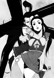 Rule 34 | 2girls, bad id, dated, detached sleeves, greyscale, hair ornament, hand on own hip, high ponytail, hug, hug from behind, looking at viewer, monochrome, mu-mao, mu-you, multiple girls, panties, parted lips, ponytail, saito tsunenori, stranger mukou hadan, underwear