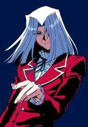 1boy blue_background blue_eyes cowboy_shot flowercrabcake hair_over_one_eye highres jacket looking_at_viewer male_focus medium_hair pegasus_j_crawford red_jacket shirt simple_background smile solo white_hair white_shirt yu-gi-oh! yu-gi-oh!_duel_monsters