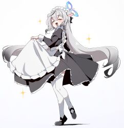 1girl alternate_costume animal_ears apron apron_lift black_dress black_hair black_shoes blue_archive blue_halo blush closed_eyes clothes_lift dress enmaided full_body gradient_hair grey_hair halo highres kokona_(blue_archive) koroyarou maid maid_apron maid_day multicolored_hair open_mouth shoes simple_background smile solo sparkle standing thighhighs white_apron white_background white_thighhighs