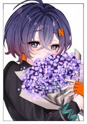 1girl belle_(zenless_zone_zero) black_shirt blue_hair blush bouquet fingerless_gloves flower gloves green_eyes hair_between_eyes highres holding holding_bouquet mokomokololo orange_gloves purple_flower shirt short_hair upper_body zenless_zone_zero