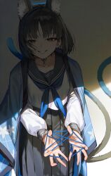 1girl animal_ears black_cola black_eyes black_hair black_skirt blue_archive blue_haori blue_neckerchief blue_sailor_collar blush cat&#039;s_cradle cat_ears cat_girl cat_tail extra_ears grin haori highres holding holding_string japanese_clothes kikyou_(blue_archive) looking_at_viewer multiple_tails neckerchief parted_bangs sailor_collar shaded_face short_hair sidelocks skirt smile solo string tail two_tails