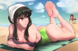 Rule 34 | alternate costume, anya (spy x family), ass, bare shoulders, barefoot, beach, beach towel, black hair, blue sky, blush, blysill, breasts, character request, cleavage, closed mouth, collarbone, commentary, day, english commentary, eyelashes, feet, feet up, full body, green one-piece swimsuit, highres, large breasts, legs, legs together, long hair, looking back, lying, ocean, off shoulder, on stomach, one-piece swimsuit, outdoors, red eyes, shadow, sideboob, sidelocks, sky, smile, soles, solo focus, spy x family, swimsuit, the pose, thighs, toes, towel, yor briar