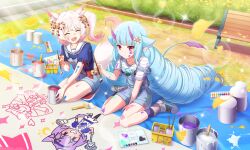 Rule 34 | 2girls, ^ ^, ahoge, animal ear fluff, animal ears, arm between legs, artist request, bell, bench, blue hair, blue overalls, blue shirt, blunt bangs, closed eyes, day, delmin (show by rock!!), demon horns, demon tail, drawing (object), drill hair, falling leaves, flower, fox ears, fox girl, fox tail, from above, ginkgo leaf, hair bell, hair flower, hair ornament, holding, holding paintbrush, horns, howan (show by rock!!), leaf, lens flare, long hair, multiple girls, official art, open mouth, outdoors, overalls, paint can, paint splatter, paint splatter on face, paintbrush, painting (action), paint palette, pink hair, purple horns, purple socks, red eyes, sailor collar, seiza, shirt, shoes, short hair, short sleeves, show by rock!!, side ponytail, sitting, sneakers, socks, sparkle, tail, third-party source, twin drills, wariza, white shirt