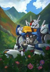 2girls absurdres ahoge blue_sky cloud commentary day english_commentary flower grey_eyes gundam gundam_aerial gundam_suisei_no_majo hairband highres looking_at_another mecha mecha_pilot_suit miorine_rembran mobile_suit mountain multiple_girls on_mecha outdoors pink_flower purple_flower red_hair robot science_fiction sky smile striking_carpenter suletta_mercury tree v-fin white_hair yuri