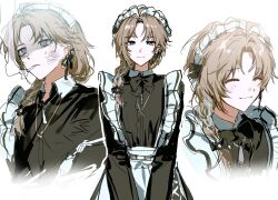 1boy apron black_bow black_bowtie black_dress bow bowtie braid brown_hair cigarette closed_eyes collared_dress crossdressing dress ear_piercing flower_hairtie grey_eyes hair_over_shoulder highres jewelry kanae_(20th_costume)_(nijisanji) kanae_(nijisanji) lobsao21 long_dress long_sleeves looking_at_viewer maid maid_apron maid_headdress male_focus male_maid medium_hair multiple_views necklace nijisanji official_alternate_costume piercing single_braid sketch smile smoke smoking virtual_youtuber