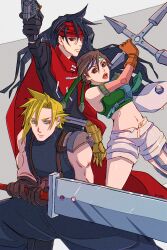 1girl 2boys armor black_hair blonde_hair blue_eyes blue_pants blue_shirt breasts brown_eyes brown_gloves brown_hair buster_sword chest_strap cloak closed_mouth cloud_strife earrings fighting_stance final_fantasy final_fantasy_vii gloves green_shirt grey_background grey_shorts gun headband highres holding holding_gun holding_sword holding_weapon jewelry long_hair medium_breasts midriff multiple_boys open_fly open_mouth orange_gloves pants pauldrons red_cloak red_eyes red_headband shirt short_hair shorts shoulder_armor single_earring single_pauldron sleeveless sleeveless_turtleneck spiked_hair strikek-lvvjm27 suspenders sword turtleneck vincent_valentine weapon yuffie_kisaragi