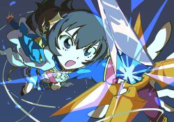1girl aiguillette bear black_hair black_shoes blue_background blue_eyes blue_jacket blue_skirt commentary_request dagger dynamic_pose floating floating_hair foreshortening full_body fur-trimmed_jacket fur_trim glowing glowing_weapon hair_between_eyes highres jacket jacket_on_shoulders kagura_hikari knife long_hair long_sleeves looking_ahead looking_at_object miniskirt multicolored_jacket open_mouth outstretched_arms outstretched_hand polar_bear poniponinohamu reaching red_sash red_sleeve_cuffs rope sash shoes shoujo_kageki_revue_starlight shoulder_sash simple_background single_horizontal_stripe skirt solo sparkle sparkle_hair_ornament string stuffed_animal stuffed_toy tassel teddy_bear two-tone_jacket v-shaped_eyebrows waist_cape weapon white_jacket yellow_trim