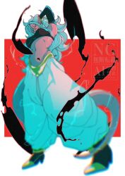 1girl android_21 black_tube_top blue_eyes breasts colored_skin dragon_ball dragon_ball_fighterz earrings full_body harem_pants highres hoop_earrings jewelry large_breasts long_hair majin_android_21 navel pants pink_skin pointy_ears simple_background solo stktik09060906 strapless tube_top watermark white_hair white_pants
