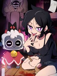 Rule 34 | 1girl, absurdres, andrew graves, artist name, ashley graves, bare shoulders, black bra, black hair, black shirt, black shorts, blood, blood on ground, bongfill, bra, breasts, character request, cleavage, copyright request, crossover, cult of the lamb, group picture, highres, medium breasts, off-shoulder shirt, off shoulder, purple eyes, see-through clothes, see-through shirt, shirt, shorts, the coffin of andy and leyley, the lamb (cult of the lamb), tongue, tongue out, underwear