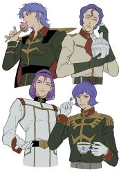 Rule 34 | 4boys, ascot, basic learning, belt, black belt, black cape, black eyes, brown eyes, cape, coat, cup, elbow gloves, epaulettes, flower, garma zabi, gloves, green gloves, green jacket, grey belt, grin, gundam, gundam zz, hand up, high collar, highres, holding, holding cup, holding flower, holding vase, jacket, long sleeves, looking at viewer, looking to the side, m&#039;quve, male focus, mashymre cello, military uniform, mobile suit gundam, multiple boys, paptimus scirocco, parted lips, pink flower, pink rose, purple eyes, purple hair, red ascot, red cape, rose, short hair, sideways glance, simple background, smile, teacup, twirling hair, two-sided cape, two-sided fabric, upper body, vase, white background, white belt, white coat, zeta gundam