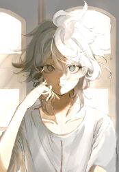 1boy cho_koko-kyu_no_washi closed_mouth collarbone danganronpa_(series) danganronpa_2:_goodbye_despair grey_eyes grey_hair hair_between_eyes hand_up komaeda_nagito male_focus medium_hair messy_hair no_jacket print_shirt shirt solo upper_body white_shirt