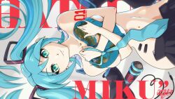 absurdres arm_tattoo blue_hair covering_breasts covering_privates green_eyes hatsune_miku highres legendsnjk long_hair looking_at_viewer nude smile tattoo twintails undressing vocaloid