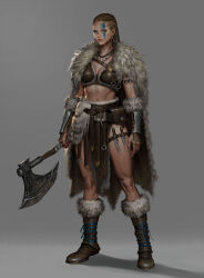 1girl absurdres axe blonde_hair blue_eyes breasts brown_hair cape cleavage facepaint fur_cape grey_background highres holding holding_axe knife looking_at_viewer original viking weapon wooywooy