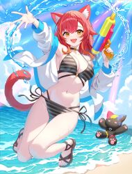 1girl :d absurdres animal_ear_fluff animal_ears beach bikini black_bikini black_choker black_nails blue_sky breasts cat_ears cat_girl choker cleavage cloud commentary_request day fangs full_body grey_bikini highres holding holding_water_gun jacket jumping large_breasts linea_alba long_hair looking_at_viewer medium_breasts multi-strapped_bikini_bottom multi-strapped_bikini_top multicolored_hair nail_polish navel nekota_tsuna o-ring o-ring_bikini open_clothes open_jacket open_mouth orange_eyes outdoors outstretched_arm red_hair sandals side-tie_bikini_bottom sky smile solo stomach streaked_hair striped_bikini striped_clothes sunamama4788 swimsuit tail teeth toes upper_teeth_only virtual_youtuber vspo! water water_gun white_jacket