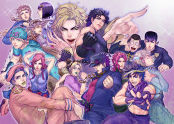 &gt;:d 3girls 6+boys :d arm_around_neck arms_up bare_arms beanie beard belt black_gloves black_hair blonde_hair blue_eyes blue_gloves blunt_bangs bob_cut bracer braid bruno_bucciarati caesar_anthonio_zeppeli chain clenched_hand closed_eyes crop_top curly_hair dio_brando dixie_cup_hat dollar_sign double_bun dreadlocks earrings elbow_gloves ermes_costello everyone eyelashes facial_hair fangs feather_hair_ornament feathers fingerless_gloves fingernails fist_pump flower gakuran giorno_giovanna gloves grin gyro_zeppeli hair_bobbles hair_bun hair_ornament hands_on_own_head hat head_rest headband heart higashikata_josuke higashikata_josuke_(jojolion) highres hirose_yasuho jewelry johnny_joestar jojo_no_kimyou_na_bouken jojolion jonathan_joestar joseph_joestar joseph_joestar_(young) kakyoin_noriaki kuujou_jolyne kuujou_joutarou leg_hold legs_folded lipstick long_hair looking_at_viewer looking_back makeup midriff military_hat mullet multicolored_hair multiple_belts multiple_boys multiple_girls muscular nijimura_okuyasu open_mouth pink_hair pointing pompadour purple_background purple_eyes purple_hair purple_scarf red_hair ribbon sailor scarf school_uniform sharp_fingernails skin_tight smile sparkle star_(symbol) star_print steel_ball_run striped_clothes striped_scarf sutocking two-tone_hair v-shaped_eyebrows vento_aureo