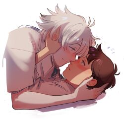 2boys affectionate blue_eyes brown_hair closed_mouth collared_shirt commentary couple cropped_torso english_commentary flying_sweatdrops frida_(str8boykev) hand_on_another&#039;s_face ikari_shinji imminent_kiss male_focus multiple_boys nagisa_kaworu neon_genesis_evangelion nervous nervous_sweating parted_lips profile red_eyes shirt short_sleeves smile sweat t-shirt white_hair white_shirt yaoi