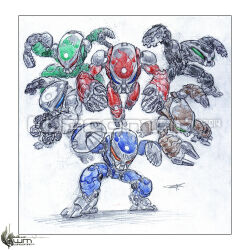 2014 absurdres bionicle blue_eyes bohrok_(bionicle) commentary english_commentary gahlok-kal_(bionicle) green_eyes highres kohrak-kal_(bionicle) lehvak-kal_(bionicle) looking_at_viewer midair no_humans nuhvok-kal_(bionicle) pahrak-kal_(bionicle) robot shadow tahnok-kal_(bionicle) the-ht-wacom-man the_lego_group traditional_media watermark