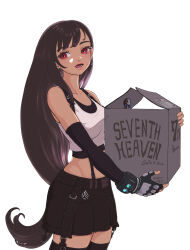 1girl absurdres bare_shoulders black_gloves black_hair black_skirt black_sports_bra black_thighhighs box bracelet breasts commentary cowboy_shot crop_top earrings elbow_gloves final_fantasy final_fantasy_vii final_fantasy_vii_remake fingerless_gloves gloves highres holding holding_box jewelry large_breasts long_hair looking_at_viewer materia midriff miniskirt open_mouth pink_lips red_eyes shyiek_art skirt solo sports_bra suspender_skirt suspenders tank_top thighhighs tifa_lockhart very_long_hair white_tank_top zettai_ryouiki