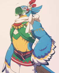1boy arabian_clothes arm_at_side armlet bad_id bad_pixiv_id blush brown_background brown_eyes feathers flying_sweatdrops furry furry_male hand_on_own_hip jewelry kass looking_at_viewer male_focus meganemido nintendo rito scarf see-through_clothes signature simple_background standing the_legend_of_zelda the_legend_of_zelda:_breath_of_the_wild white_scarf
