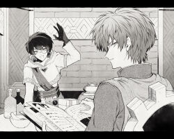 2boys :d arm_up black_border book border bottle cape clenched_teeth commentary_request dragon_quest dragon_quest_x earrings gloves greyscale hatching_(texture) hero&#039;s_sibling_(dq10) highres holding holding_book hoop_earrings indoors jewelry letterboxed looking_at_viewer looking_back male_focus monochrome monocle mortar_(bowl) multiple_boys official_alternate_costume open_book open_mouth pestle quad_(dq10) sato_sio_(si00x) shirt short_hair sitting smile teeth upper_body waving