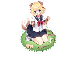 Rule 34 | + +, 1girl, :d, afterimage, animal collar, animal ears, arm warmers, black sailor collar, black skirt, blonde hair, blue eyes, blunt bangs, blush, bone, bow, bowtie, braid, brown arm warmers, brown dog, buttons, collar, cross-laced shoes, dog, dog ears, dog girl, dog tail, eyelashes, eyes visible through hair, floppy ears, full body, grass, hair between eyes, hair bow, hair intakes, hair rings, hands up, happy, highres, inuya komaru, kemonomimi mode, leash, looking at viewer, medium hair, miniskirt, official art, on grass, open mouth, outdoors, paw pose, paw print, pink collar, pleated skirt, promotional art, red bow, red bowtie, ren&#039;ai hajimemashite, sacraneco, sailor collar, school uniform, serafuku, shirt, shoes, short sleeves, side braid, simple background, sitting, skirt, smile, sneakers, socks, solo, tail, tail wagging, transparent background, wariza, white shirt, white shoes, white socks