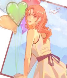 1girl 2hzrd7 artist_name balloon birthday commentary dated dress earrings english_commentary from_side heart_balloon highres hoop_earrings jewelry kininatteru_hito_ga_otoko_ja_nakatta long_hair oosawa_aya pink_eyes pink_hair purple_ribbon ribbon solo white_dress