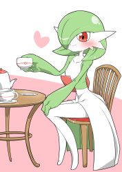 1girl blush bob_cut closed_mouth collarbone colored_skin cup female_focus flat_chest full_body gardevoir gen_3_pokemon green_hair green_skin hair_over_one_eye hand_on_own_knee hand_up happy heart highres holding holding_cup kazamidoririnn knees_together_feet_apart legs looking_at_viewer multicolored_skin nintendo no_feet on_chair one_eye_covered pink_background poke_ball_theme pokemon pokemon_(creature) red_eyes saucer short_hair simple_background sitting smile solo table teacup teapot two-tone_background two-tone_skin white_skin