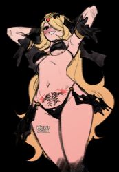 1girl adapted_costume armlet arms_up bikini black_bikini blonde_hair character_tattoo creatures_(company) cropped_legs cynthia_(pokemon) cynthia_(sygna_suit)_(renegade)_(pokemon) game_freak gen_4_pokemon giratina hair_over_one_eye highres jewelry legendary_pokemon long_hair navel nintendo official_alternate_hairstyle pokemon pokemon_masters_ex pubic_tattoo smile solo stomach swimsuit tattoo thighs tiara very_long_hair wanderjegson wavy_hair