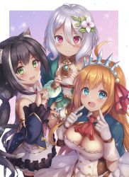 Rule 34 | 3girls, :d, absurdres, ahoge, animal ear fluff, animal ears, antenna hair, ascot, bare shoulders, black hair, blue eyes, blue sleeves, blush, brown hair, cat ears, cat girl, cat tail, detached sleeves, dress, fingernails, flower, gloves, green dress, hair between eyes, hair flower, hair ornament, highres, karyl (princess connect!), kokkoro (princess connect!), long hair, long sleeves, multicolored hair, multiple girls, open mouth, pecorine (princess connect!), pointy ears, princess connect!, puffy long sleeves, puffy short sleeves, puffy sleeves, red ascot, red eyes, short sleeves, sidelocks, skirt, sleeveless, sleeveless dress, smile, streaked hair, tail, tiara, very long hair, white dress, white flower, white gloves, white hair, white skirt, yuririn poi