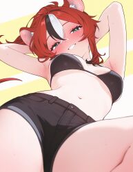 1girl alternate_costume animal_ear_fluff animal_ears armpits arms_behind_head black_bra black_hair black_shorts blue_eyes blush bra breasts commentary crossed_bangs double-parted_bangs english_commentary grin hair_between_eyes hakos_baelz highres hololive hololive_english long_hair looking_at_viewer lying medium_breasts mouse_ears mouse_girl mouse_tail multicolored_hair navel no_shirt ponytail red_hair short_shorts short_sleeves shorts sk_jynx smile solo stomach streaked_hair tail textless_version twitter_strip_game underwear virtual_youtuber white_hair