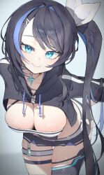 Rule 34 | 1girl, black gloves, black hair, black jacket, black skirt, black thighhighs, blue eyes, blue hair, bow, breasts, character request, cleavage, closed mouth, collarbone, eyelashes, fingerless gloves, gloves, hair bow, hair ornament, highres, jacket, jewelry, large breasts, leotard, long hair, looking at viewer, miniskirt, multicolored hair, necklace, original, ponytail, rindoriko, shorts, shorts under skirt, side ponytail, simple background, single thighhigh, skirt, smile, solo, streaked hair, thigh strap, thighhighs