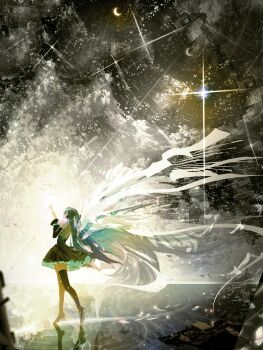 Rule 34 | absurdres, aqua hair, black sleeves, detached sleeves, full body, grey shirt, hatsune miku, highres, long hair, makoron117117, moon, night, puddle, reflection, reflective water, scenery, shirt, star (sky), thighhighs, twintails, vocaloid, walking, wings