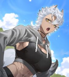 1girl :o abs animal_ears armpit_peek asymmetrical_bangs black_sports_bra blue_sky breasts cleavage cloud curtained_hair dark-skinned_female dark_skin dutch_angle fang flying_sweatdrops from_below genderswap genderswap_(mtf) grey_pants grey_shrug groin hair_between_eyes highres hood hood_down hooded_shrug jack_howl jewelry jip large_breasts lens_flare looking_at_viewer medium_hair mullet muscular muscular_female navel necklace open_mouth outdoors panties pants panty_peek shiny_skin shrug_(clothing) sideboob sky solo sports_bra tail tooth_necklace twisted_wonderland underwear upper_body v-shaped_eyebrows white_hair wolf_ears wolf_girl wolf_tail yellow_eyes