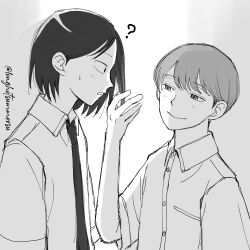 2boys ? breast_pocket collared_shirt commentary_request dress_shirt futsuu_no_keion-bu greyscale hand_up highres holding_another&#039;s_hair male_focus monochrome multiple_boys necktie parted_lips pocket profile protected_link sari_(longhotsummersu) school_uniform shirt short_hair sketch small_sweatdrop smile taguchi_ryuuya takami_kouki upper_body yaoi