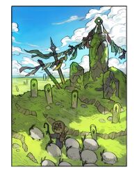 1boy absurdres blue_sky border cloud commentary day english_commentary grass grazing_(livestock) highres looking_to_the_side monument napal_(ve_xillum) original outdoors scenery sheep shepherd shepherd&#039;s_crook sky solo standing white_border wide_shot