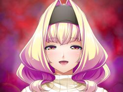 Rule 34 | 1girl, :d, azarin (kouyoku senki exs-tia), black hairband, blonde hair, blush, game cg, hair intakes, hairband, half-closed eyes, inoino, kouyoku senki exs-tia, large variant set, looking at viewer, medium hair, non-web source, official art, open mouth, orange eyes, portrait, red background, ribbed sweater, smile, solo, sweater, turtleneck, turtleneck sweater, variant set, white sweater, yellow sweater