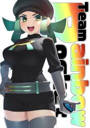 1girl :d absurdres alternate_breast_size belt black_dress black_hat boots breasts character_name commentary_request cowboy_shot dress gloves great_ball green_eyes green_hair grey_belt grey_boots grey_gloves hand_on_own_hip hat highres holding holding_poke_ball large_breasts logo long_hair looking_at_viewer nintendo open_mouth poke_ball pokemon pokemon_usum smile solo team_rainbow_rocket team_rainbow_rocket_grunt teeth thigh_boots tongue upper_teeth_only white_background xin_lan_deng